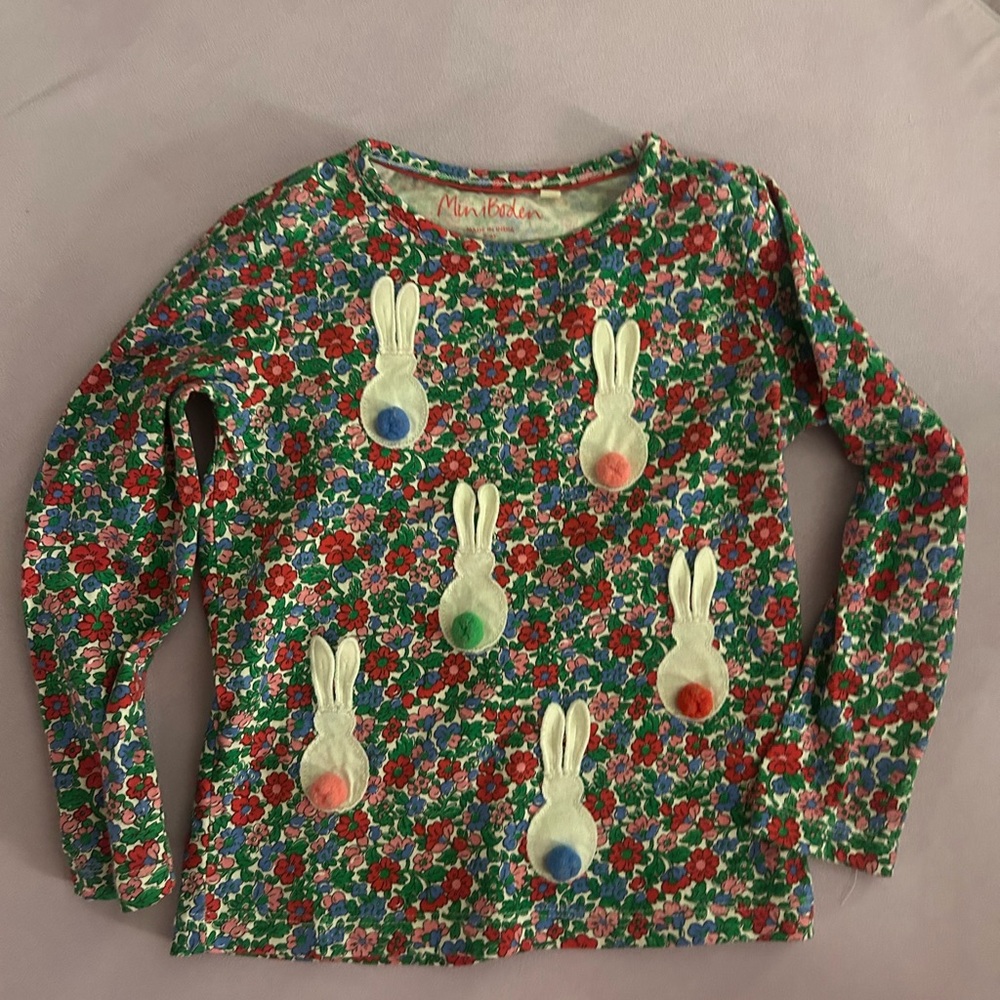 Mini Boden Kids Floral Bunny Shirt - Green and Red